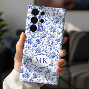Mother’s Day   Blue Toile Monogram Bridal Initial Samsung Galaxy S22+ Case