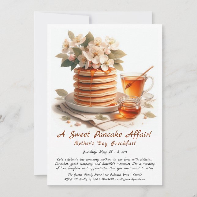 Mother’s Day Breakfast, Pancakes, hawthorns flower Invitation (Front)