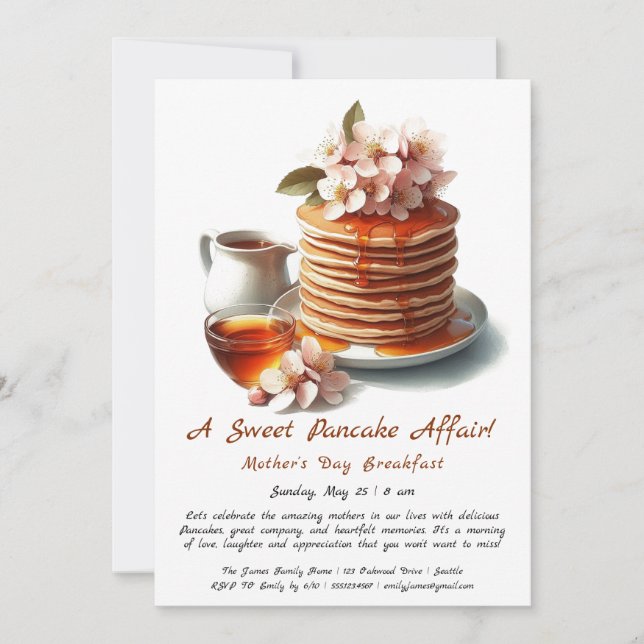 Mother’s Day Breakfast, Pancakes, hawthorns flower Invitation (Front)