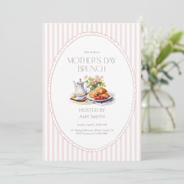 Mother’s Day Brunch Pink Stripes Breakfast Invitation (Standing Front)