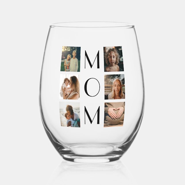 Mother’s Day Mom Family Child 6 Photo Collage Stemless Wine Glass (Front)