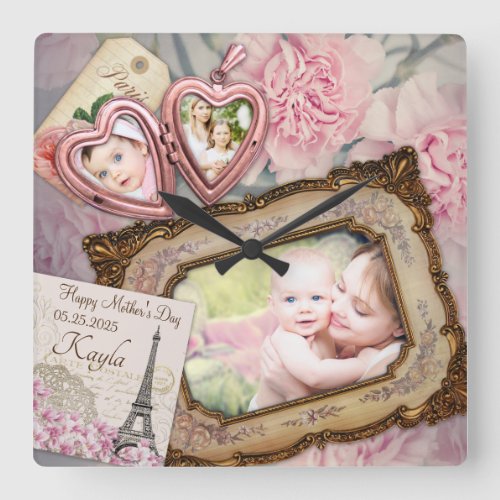 Motherâs Day Pink Heart Locket Frame Your Photos Square Wall Clock