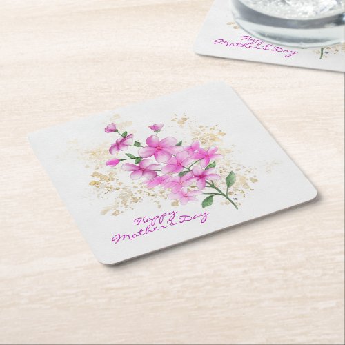 Mothers Day Pink Watercolor Flowers Gold Splatter Square Paper Coaster