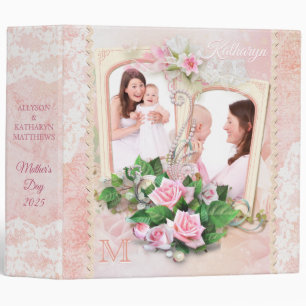 Mother’s Day Roses Lace Pearls Vintage Photo Frame 3 Ring Binder