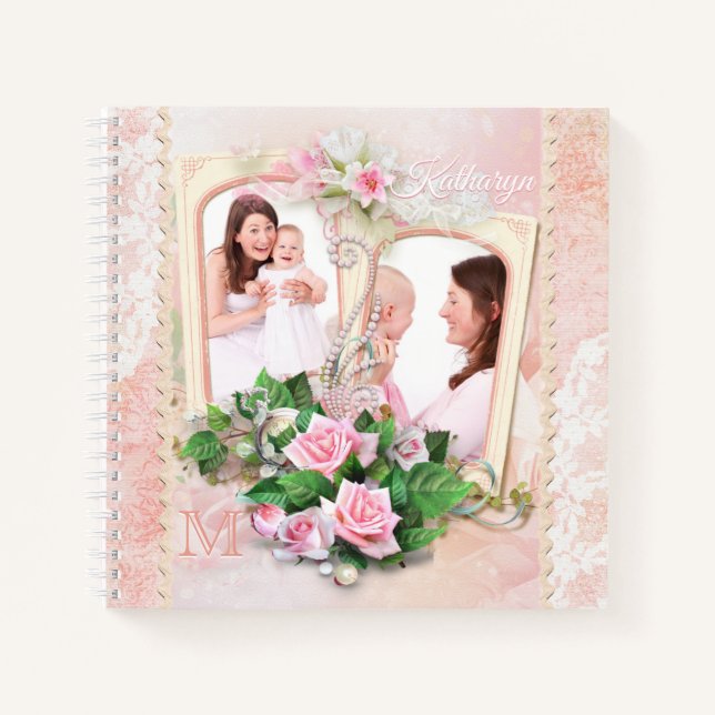 Mother’s Day Roses Lace Pearls Vintage Photo Frame Notebook (Front)