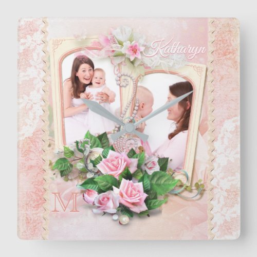 Mothers Day Roses Lace Pearls Vintage Photo Frame Square Wall Clock