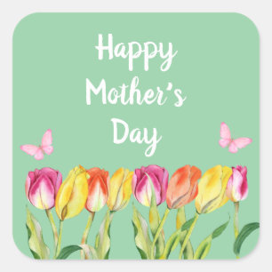 Mother’s Day watercolor Tulips butterflies Square Sticker