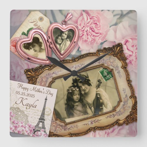 Motherâs Day Your Photos Vintage Pink Heart Locket Square Wall Clock