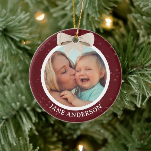 Mother’s First Christmas Photo White Bow CherryRed Ceramic Ornament