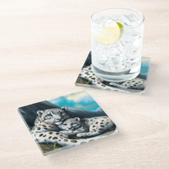Mother Snow Leopard and Cub in the Mountains Glass Coaster (Angled)
