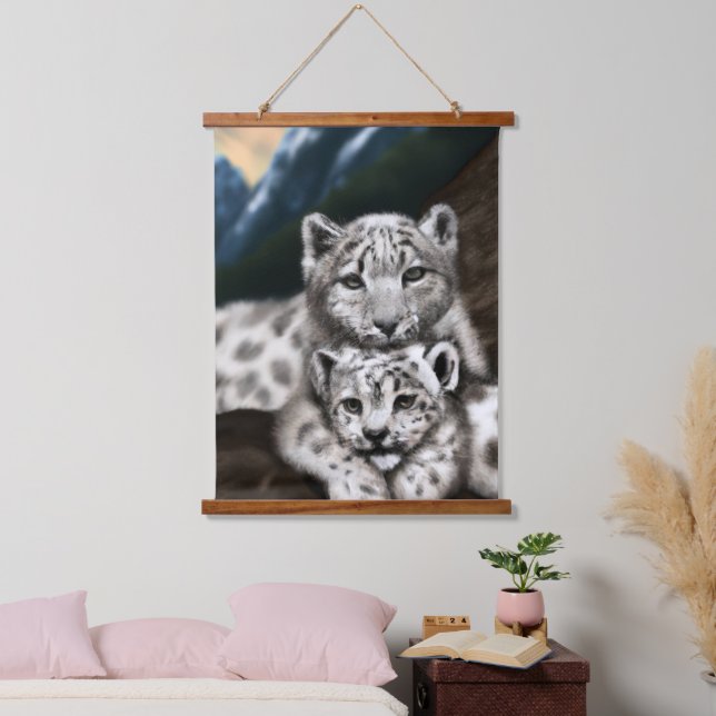 Mother Snow Leopard and Cub in the Mountains Hanging Tapestry (Bedroom)
