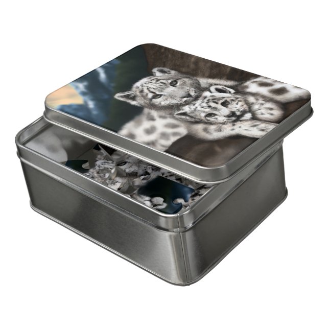 Mother Snow Leopard and Cub in the Mountains Jigsaw Puzzle (Lid Open)