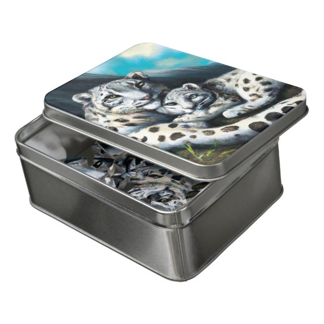 Mother Snow Leopard and Cub in the Mountains Jigsaw Puzzle (Lid Open)