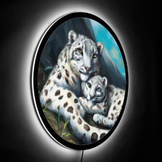 Mother Snow Leopard and Cub in the Mountains Illuminated Nursery Nightlight