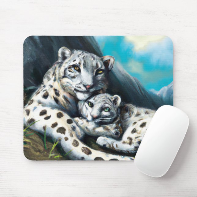Mother Snow Leopard and Cub in the Mountains Mouse Pad (With Mouse)