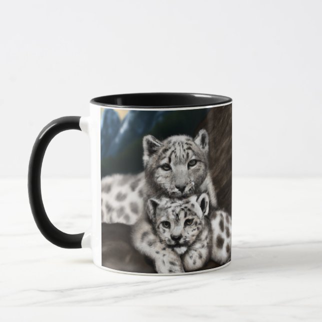 Mother Snow Leopard and Cub in the Mountains Mug (Left)