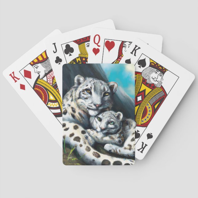 Mother Snow Leopard and Cub in the Mountains Poker Cards (Back)