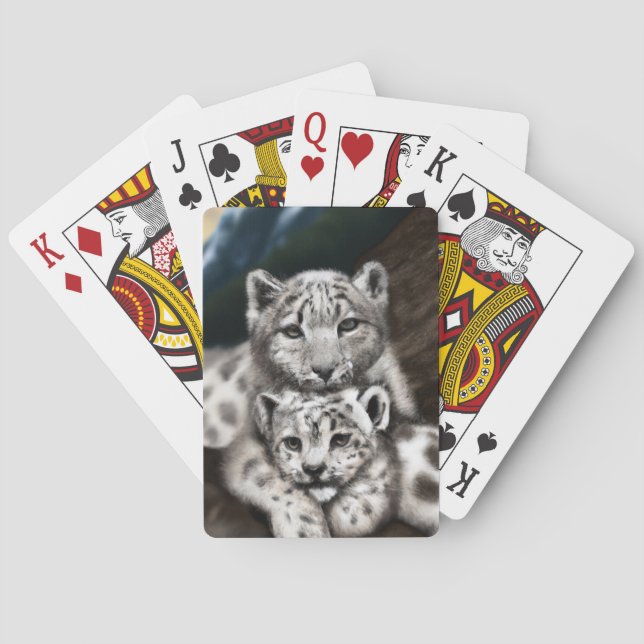 Mother Snow Leopard and Cub in the Mountains Poker Cards (Back)