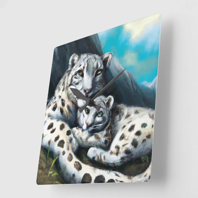 Mother Snow Leopard and Cub in the Mountains Square Wall Clock (Angle)
