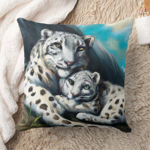 Mother Snow Leopard and Cub in the Mountains Throw Pillow