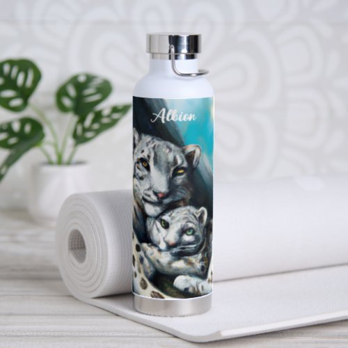 Mother Snow Leopard and Cub in the Mountains Water Bottle