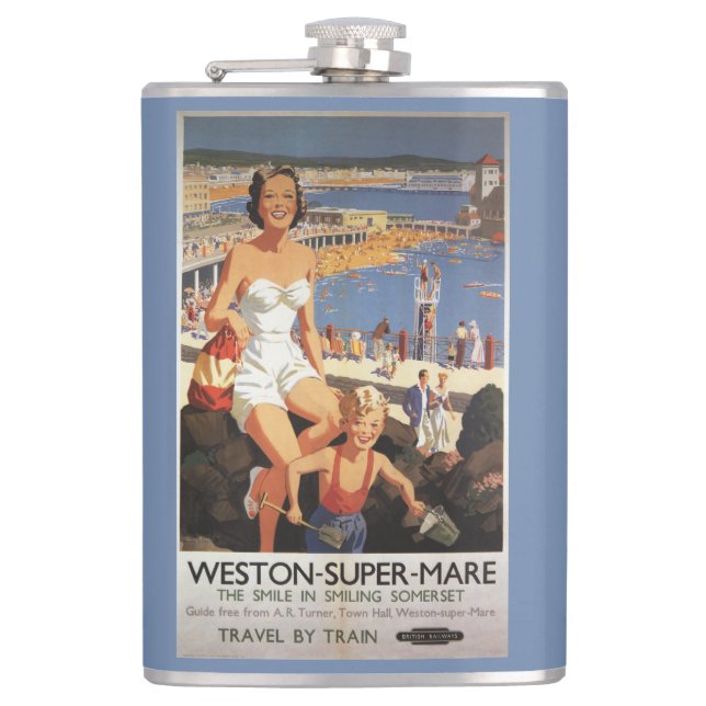 Mother & Son on Beach Railway Poster Flask (Front)