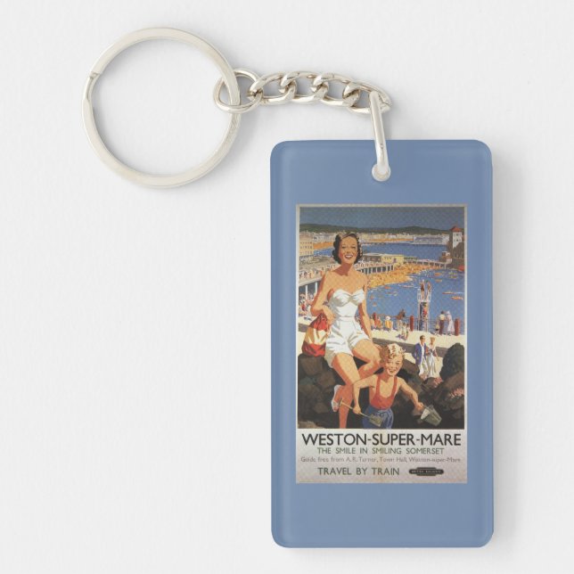 Mother & Son on Beach Railway Poster Keychain (Front)