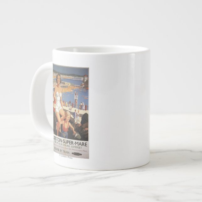 Mother & Son on Beach Railway Poster Large Coffee Mug (Front Left)