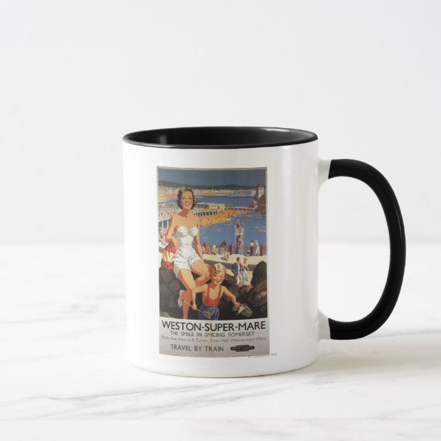 Mother & Son on Beach Railway Poster Mug (Right)