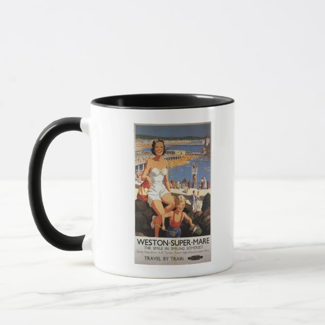 Mother & Son on Beach Railway Poster Mug (Left)
