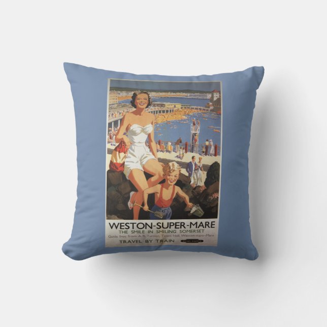Mother & Son on Beach Railway Poster Throw Pillow (Front)
