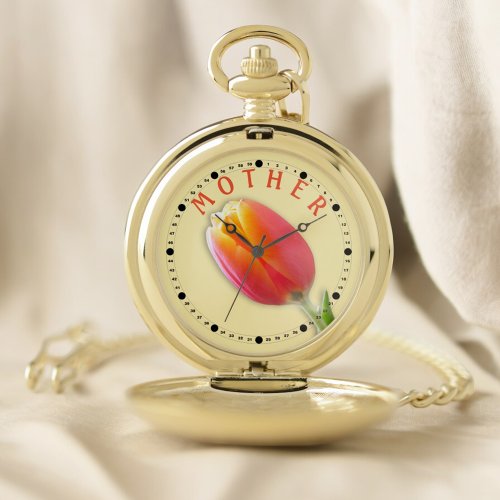 Mother Typography Single Orange Tulip Photograph Pocket Watch