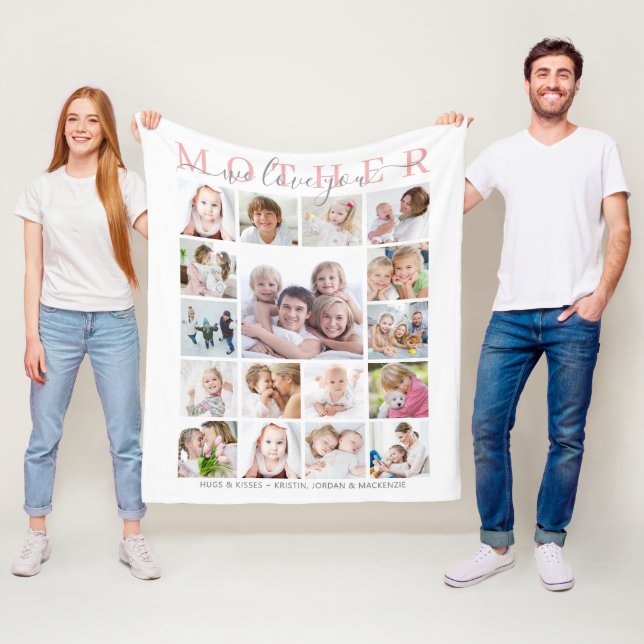 Mother We Love You 17 Photo Script Personalized Fleece Blanket (In Situ)