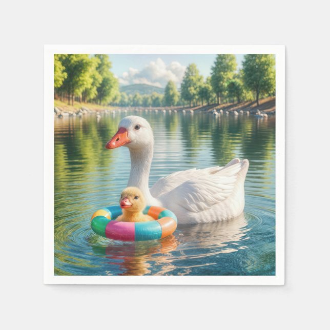 Mother White Duck With Duckling Napkins (Front)