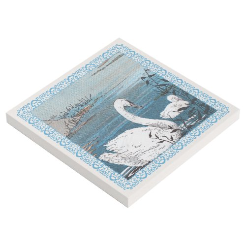 Mother White Swan Swimming With Baby Blue Lake Gallery Wrap