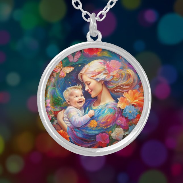 Mother with Baby Boy Colorful Painting Silver Plated Necklace (Creator Uploaded)
