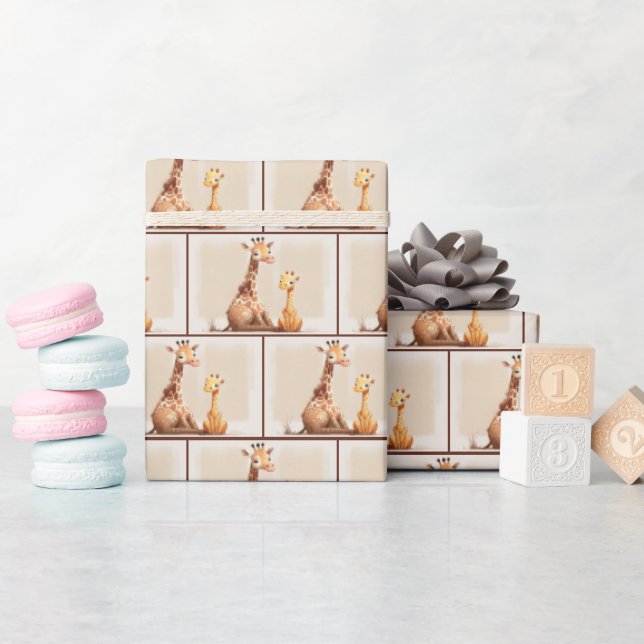 Mother With Baby Giraffe Watercolor Wrapping Paper (Baby Shower)