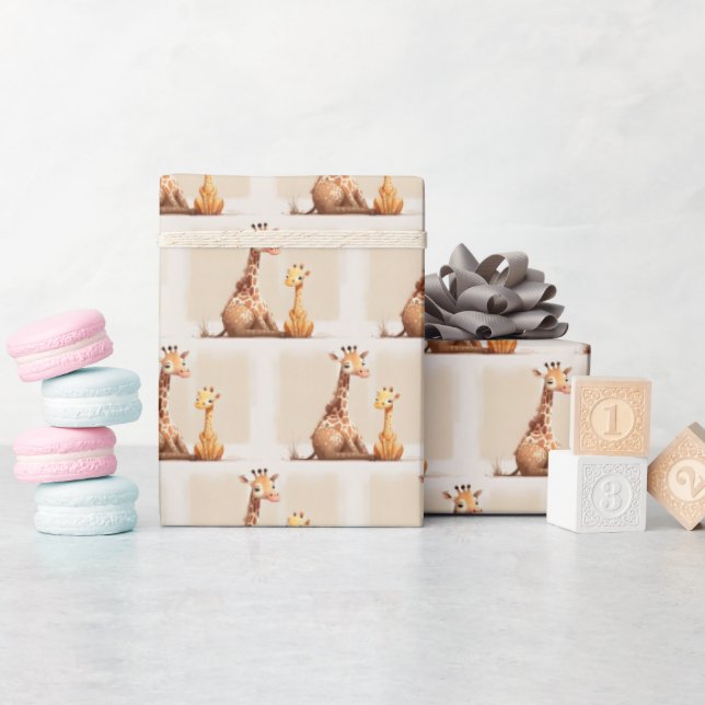 Mother With Baby Giraffe Watercolor Wrapping Paper (Baby Shower)