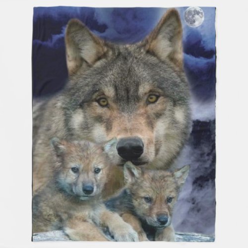 MOTHER WOLF and 2 CUBS Fleece Blanket