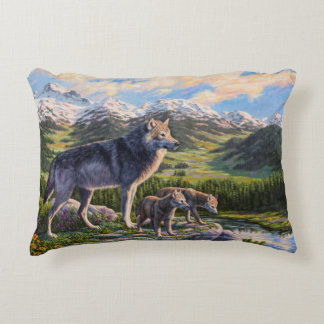 Mother Wolf & Pups Mountain River Valley Accent Pillow
