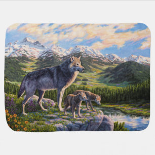 Mother Wolf & Pups Mountain River Valley Baby Blanket