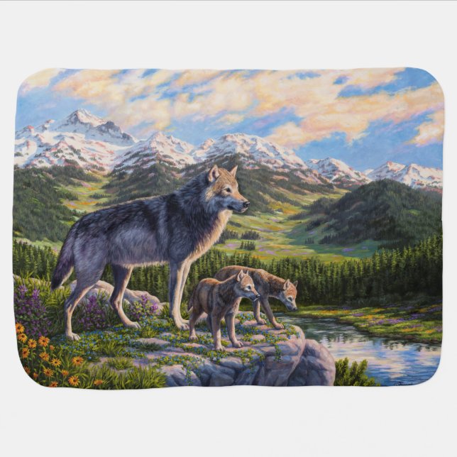 Mother Wolf & Pups Mountain River Valley Baby Blanket (Horizontal)