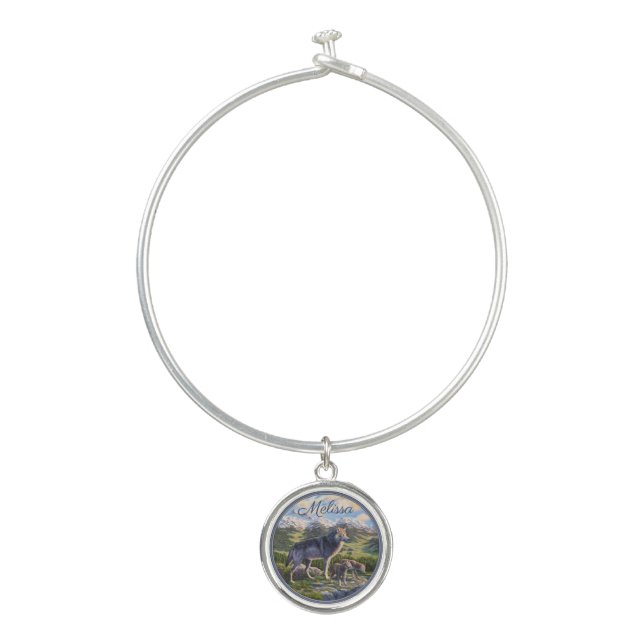 Mother Wolf & Pups Mountain River Valley Bangle Bracelet (Front)