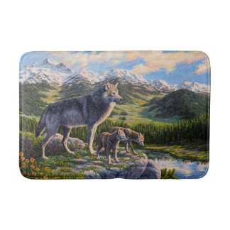Mother Wolf & Pups Mountain River Valley Bath Mat