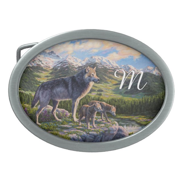 Mother Wolf & Pups Mountain River Valley Belt Buckle (Front)