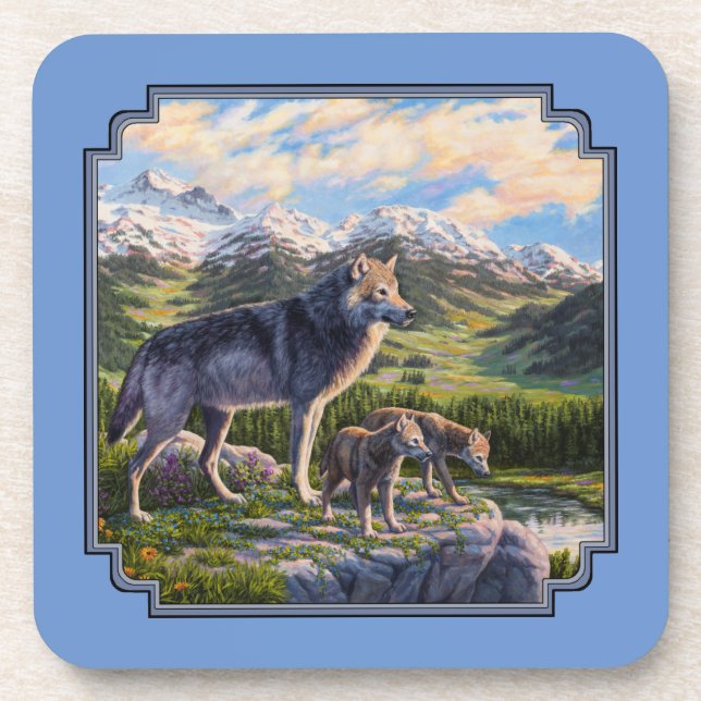 Mother Wolf & Pups Mountain River Valley Beverage Coaster (Front)