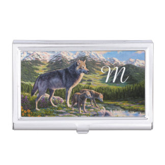 Mother Wolf & Pups Mountain River Valley Business Card Case