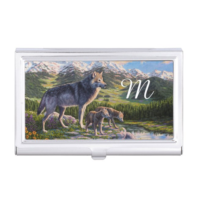 Mother Wolf & Pups Mountain River Valley Business Card Case (Front)