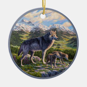 Mother Wolf & Pups Mountain River Valley Ceramic Ornament