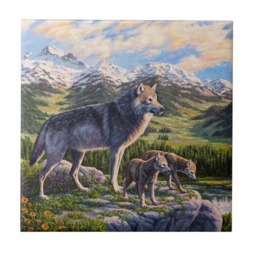 Mother Wolf  Pups Mountain River Valley Ceramic Tile